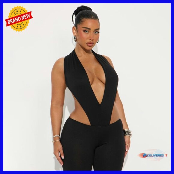 Sexy Mesh Two-Piece Set Deep V Bodysuit Low Waist Pants - Picture 4 of 5